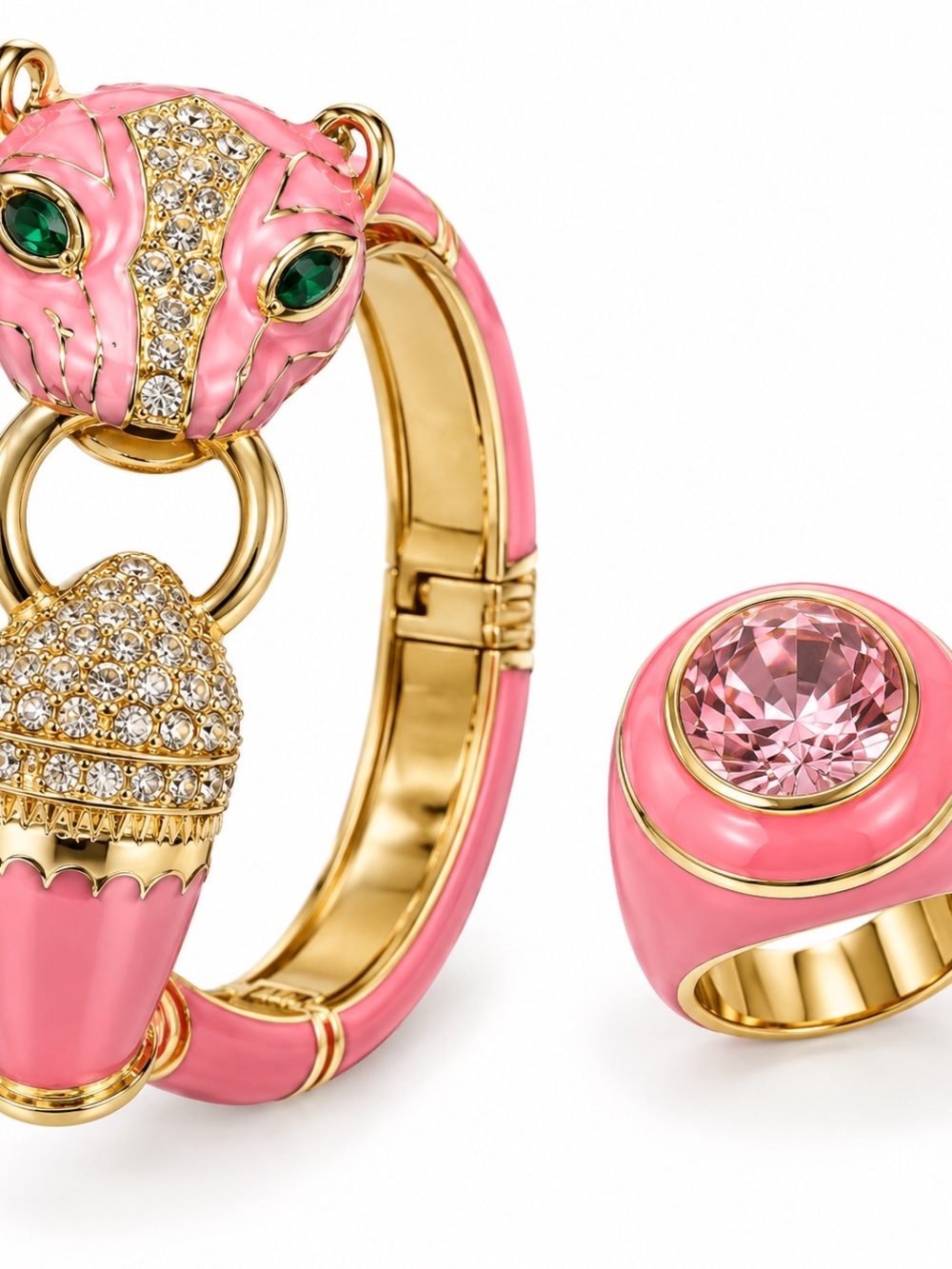 Gold-Tone Pink Enamel Crystal Leopard Bracelet and Ring Set